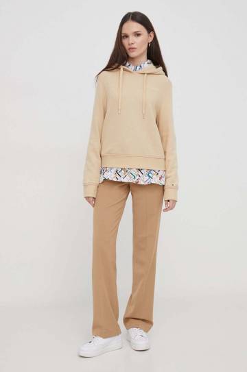 Кофта Tommy Hilfiger женская цвет бежевый с капюшоном однотонная Кофта Tommy Hilfiger женская цвет бежевый с капюшоном однотонная