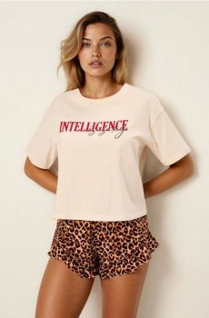 Двокомплектна бавовняна піжама з леопардовим принтом - кремовий