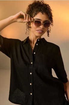 Віскозна сорочка з короткими рукавами з домішкою льону - чорний