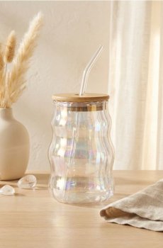 Скляний кухоль з кришкою та соломинкою - різнобарвний