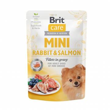 Влажный корм для взрослых собак миниатюрных пород Brit Care Mini из филе кролика и лосося в соусе, 85 г Влажный корм для взрослых собак миниатюрных пород Brit Care Mini из филе кролика и лосося в соусе, 85 г