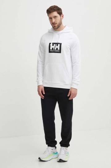 Хлопковая кофта Helly Hansen цвет белый с капюшоном с принтом Хлопковая кофта Helly Hansen цвет белый с капюшоном с принтом