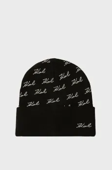 Женская черная шапка K SIGNATURE RHNSTN AOP BEANIE Черный ONESIZE Karl Lagerfeld 246W3414