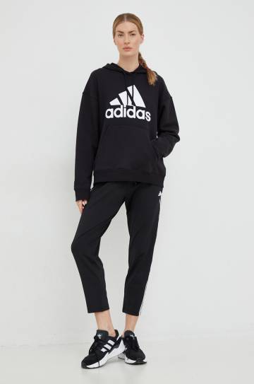 Хлопковая кофта adidas женская цвет чёрный с капюшоном с принтом Хлопковая кофта adidas женская цвет чёрный с капюшоном с принтом