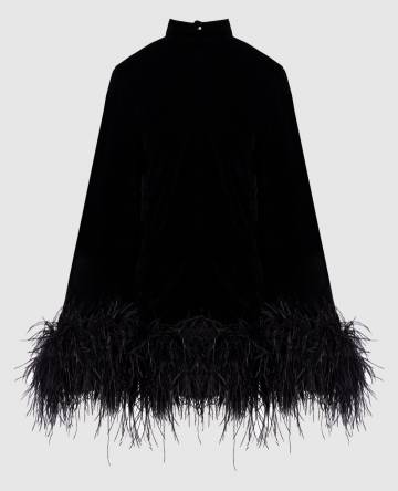 Черное бархатное платье мини Gina с перьями страуса