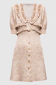 Бежевое платье мини из шелка с рюшами