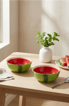 Керамічні миски з мотивом кавуна, набір з 2 - червоний