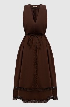 Коричневое платье миди с кружевом