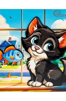 Деревянный сортер PuzzleOk Любознательный котик, 4 детали, от 1.5 лет, 14*14 см (Puz-88751)