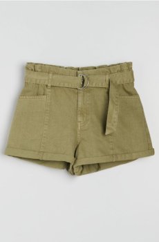Джинсові шорти paperbag з поясом - зелений