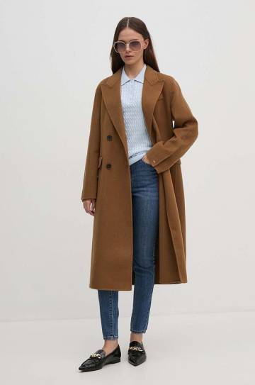 Шерстяное пальто Tommy Hilfiger цвет коричневый переходное двубортное WW0WW42621 Шерстяное пальто Tommy Hilfiger цвет коричневый переходное двубортное WW0WW42621