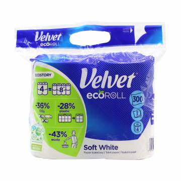 Туалетная бумага Velvet Eco Roll Soft White 3-слойная, 300 отрывов, 4 рулона Туалетная бумага Velvet Eco Roll Soft White 3-слойная, 300 отрывов, 4 рулона