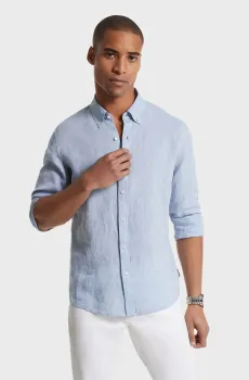 Мужская голубая льняная рубашка LS BD YD LINEN Голубой S Michael Kors CS4400H4YT
