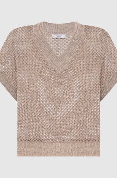 Коричневый ажурный жилет с льном с пайетками