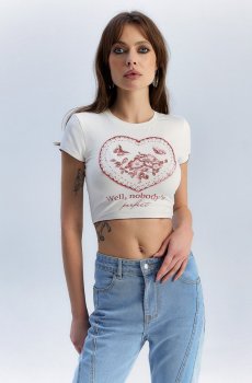 Біла бавовняна кроп-футболка з серцем