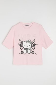 Бавовняна футболка з принтом і стразами Hello Kitty - пастельний рожевий