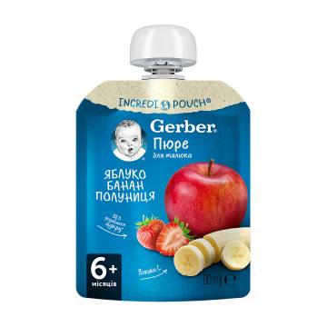 Детское фруктовое пюре Gerber Яблоко, банан и клубника, от 6 месяцев, 90 г Детское фруктовое пюре Gerber Яблоко, банан и клубника, от 6 месяцев, 90 г