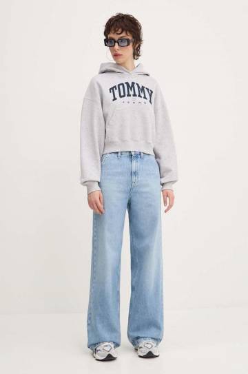 Хлопковая кофта Tommy Jeans женская цвет серый с капюшоном с принтом DW0DW19291 Хлопковая кофта Tommy Jeans женская цвет серый с капюшоном с принтом DW0DW19291