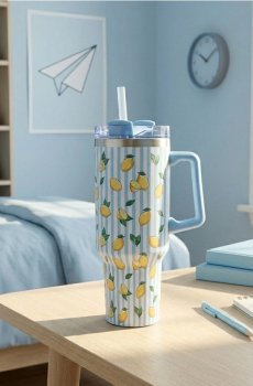 Термокружка з ручкою та соломинкою з мотивом лимонів - жовтий