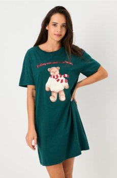 Різдвяна нічна сорочка з милим ведмедиком - синьо-зелений