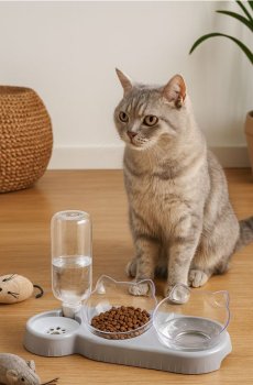 Дозатор води та корму для котів - сірий