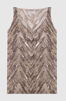 Бежевый топ из шелка с вышивкой и пайетками