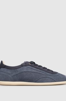 Синие кожаные кроссовки с логотипом