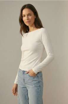 Лонгслів із бавовни й трикотажу в рубчик - кремовий