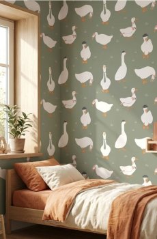 Самоклеюча шпалера з мотивом гусей - темно-зелений