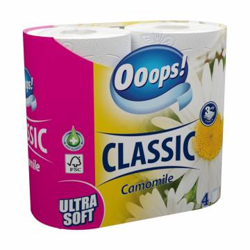 Туалетная бумага Ooops! Classic Camomile белая, 3-слойная, 140 отрывов, 4 рулона Туалетная бумага Ooops! Classic Camomile белая, 3-слойная, 140 отрывов, 4 рулона