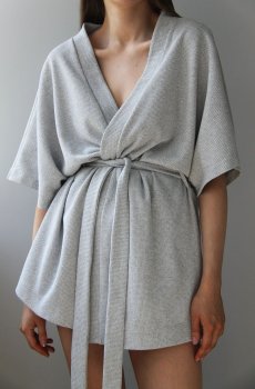 Пижамный комплект женский Miso Waffle Шорты и халат, серый, размер S/M (10336)