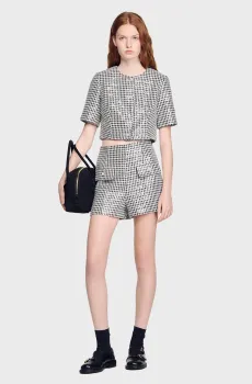 Женские твидовые шорты в клетку Разноцветный 38 Sandro SFPSH00598_Black - White