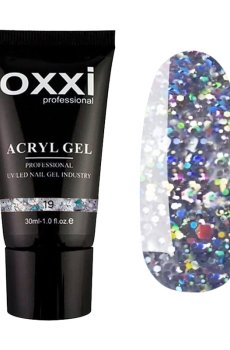Акрил-гель для ногтей Oxxi Professional Acryl Gel 19 Прозрачный с большими насыщенными голографическими блестками, 30 мл
