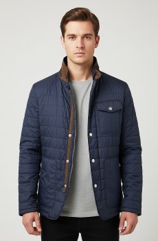 Мужская демисезонная куртка синяя с кожаными вставками AS-118-Zotex-blue