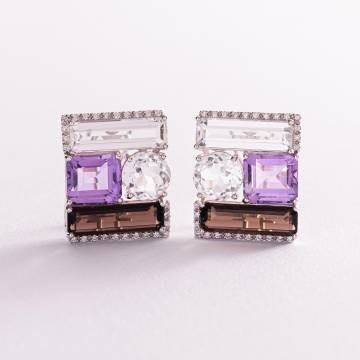 Золотые серьги (бриллианты, горный хрусталь, аметист, дымчастый кварц) E23442C Золотые серьги (бриллианты, горный хрусталь, аметист, дымчастый кварц) E23442C
