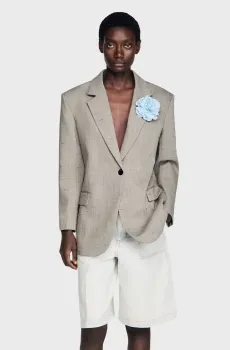 Женский серый шерстяной жакет в клетку Серый 36 Sandro SFPVE01284_Greige