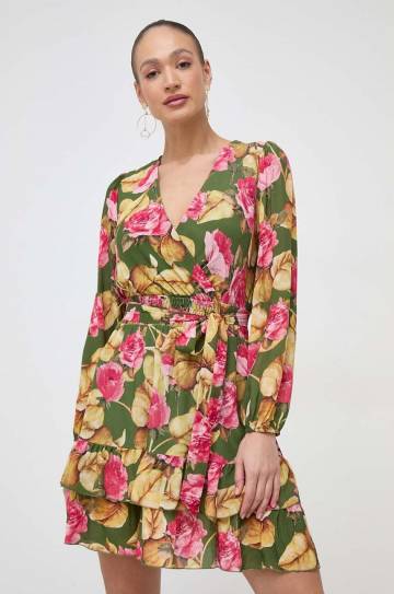 Платье с примесью шелка Guess цвет зелёный mini расклешённая Платье с примесью шелка Guess цвет зелёный mini расклешённая