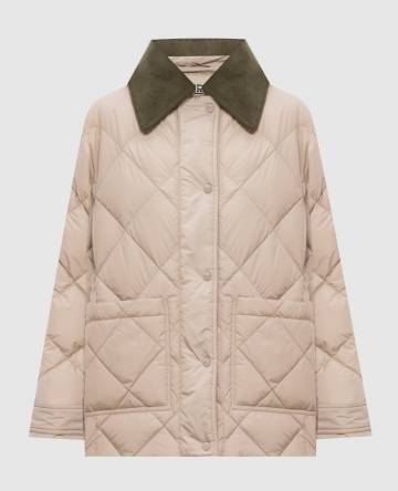 Бежевый стобаный пуховик с вельветовым воротником