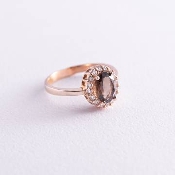 Золотое кольцо с дымчастым топазом и фианитами к02122t Золотое кольцо с дымчастым топазом и фианитами к02122t