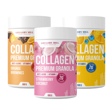 Набір граноли з колагеном Collagen Glow Set Lemon Blueberry, Strawberry Coconut та Orange Brownies, 1800 г, Gregory Mill Набір граноли з колагеном Collagen Glow Set Lemon Blueberry, Strawberry Coconut та Orange Brownies, 1800 г, Gregory Mill