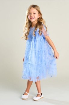 Тюлева сукня з оксамитовим квітковим принтом - light blue