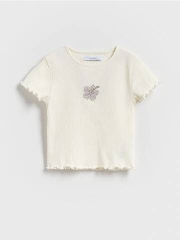 Reserved - Ребристa футболка з аплікацією - кремовий - 940EK-01X