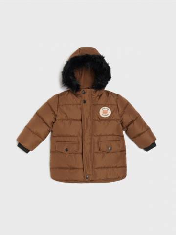 Подовжена стьобана куртка з каптуром - бежевий