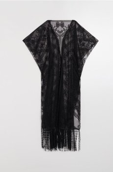 Мереживне пляжне пончо з китицями - чорний