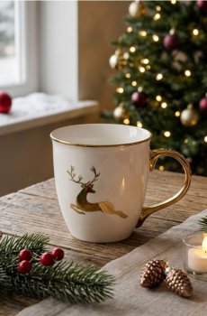 Різдвяна керамічна кружка з мотивом оленя та блискучими деталями - золотий