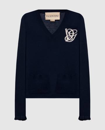 Синий пуловер из шерсти с вышивкой