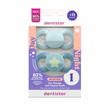 Пустышка силиконовая ортодонтическая Dentistar Day-Night 1, с рождения, для мальчиков, 2 шт (3960000) Пустышка силиконовая ортодонтическая Dentistar Day-Night 1, с рождения, для мальчиков, 2 шт (3960000)