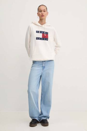 Хлопковая кофта Tommy Jeans женская цвет бежевый с капюшоном с принтом DW0DW18654 Хлопковая кофта Tommy Jeans женская цвет бежевый с капюшоном с принтом DW0DW18654