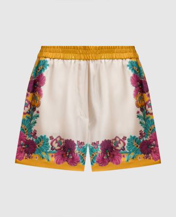 Бежевые шорты Zodiac Placée Marigold из шелка с цветочным принтом. Бежевые шорты Zodiac Placée Marigold из шелка с цветочным принтом.