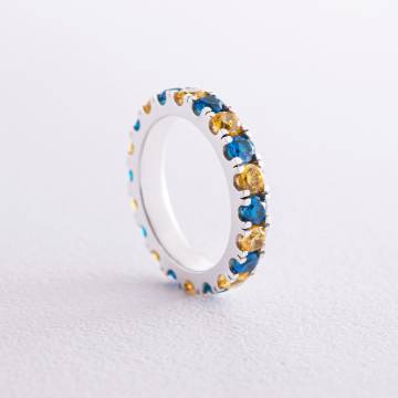Серебряное кольцо с дорожкой голубых и желтых камней 112664 Серебряное кольцо с дорожкой голубых и желтых камней 112664